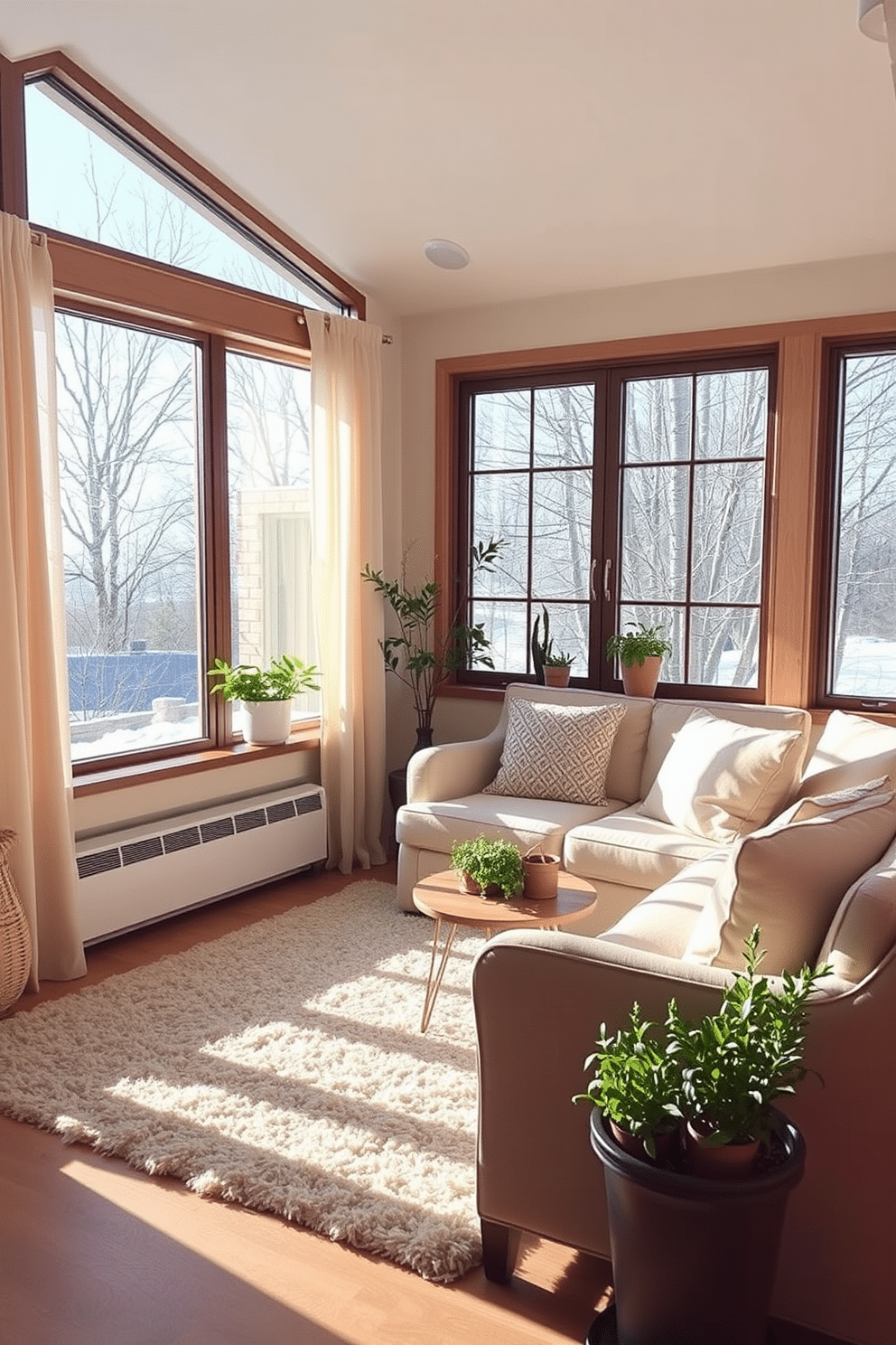 A cozy winter sunroom filled with natural light and warmth. Soft, neutral-toned furnishings create a welcoming atmosphere, with a plush area rug underfoot. Large windows adorned with sheer curtains allow the sun to filter in gently. In one corner, a small indoor herb garden flourishes in stylish pots, adding a touch of greenery and freshness to the space.