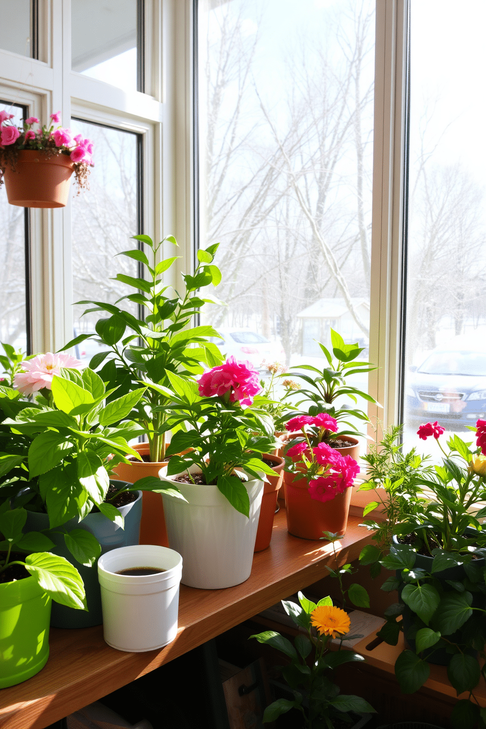 Bright potted plants are arranged on a wooden shelf in a cozy winter sunroom. Sunlight streams through large windows, illuminating the vibrant greens and colorful blooms of the plants, creating a warm and inviting atmosphere.