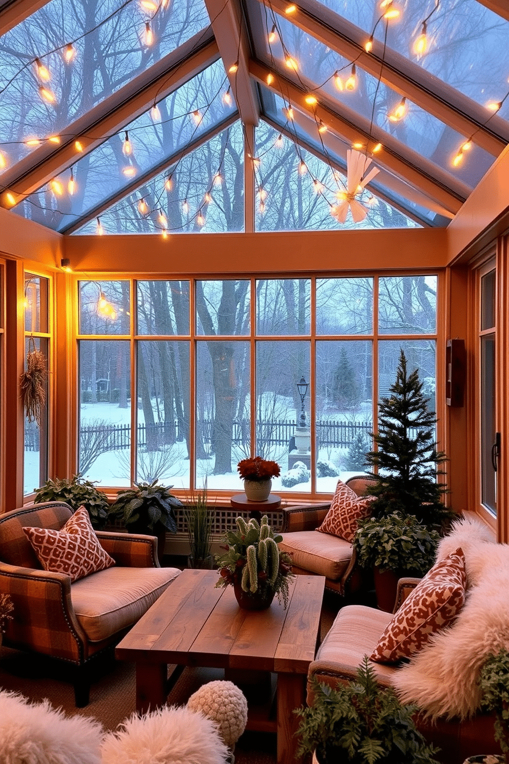 Warm lighting fills the winter sunroom, creating a cozy and inviting atmosphere. String lights are draped across the ceiling, casting a soft glow over the space. A comfortable seating area features plush armchairs and a rustic wooden coffee table. Potted plants and seasonal decorations add life and color to the serene environment.