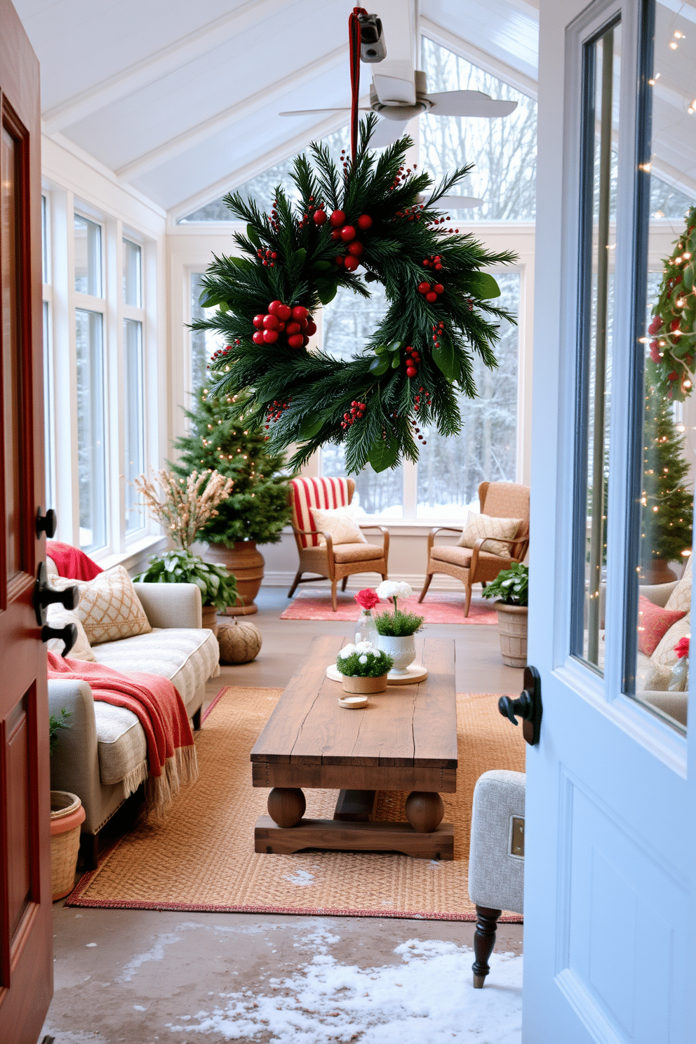 A seasonal wreath made of evergreen branches and red berries adorns the front door, creating a warm and inviting entrance. The sunroom is decorated with cozy furniture, including a plush sofa covered in soft blankets, and large windows allowing natural light to fill the space. In the sunroom, a rustic wooden coffee table is surrounded by comfortable chairs, perfect for enjoying a cup of hot cocoa. Potted plants and twinkling fairy lights add a festive touch, making the space feel cheerful and bright during the winter months.