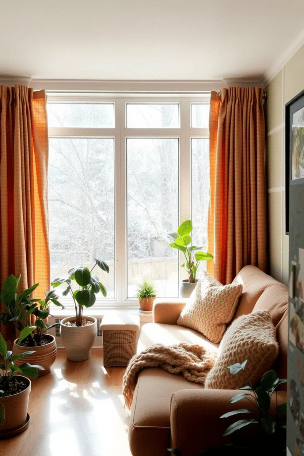 A cozy winter sunroom filled with natural light. The windows are adorned with textured curtains that provide both privacy and a stylish touch. A plush seating area features a soft, oversized couch in warm tones, complemented by a chunky knit throw. Potted plants in varying heights are strategically placed around the room, adding a touch of greenery to the inviting space.