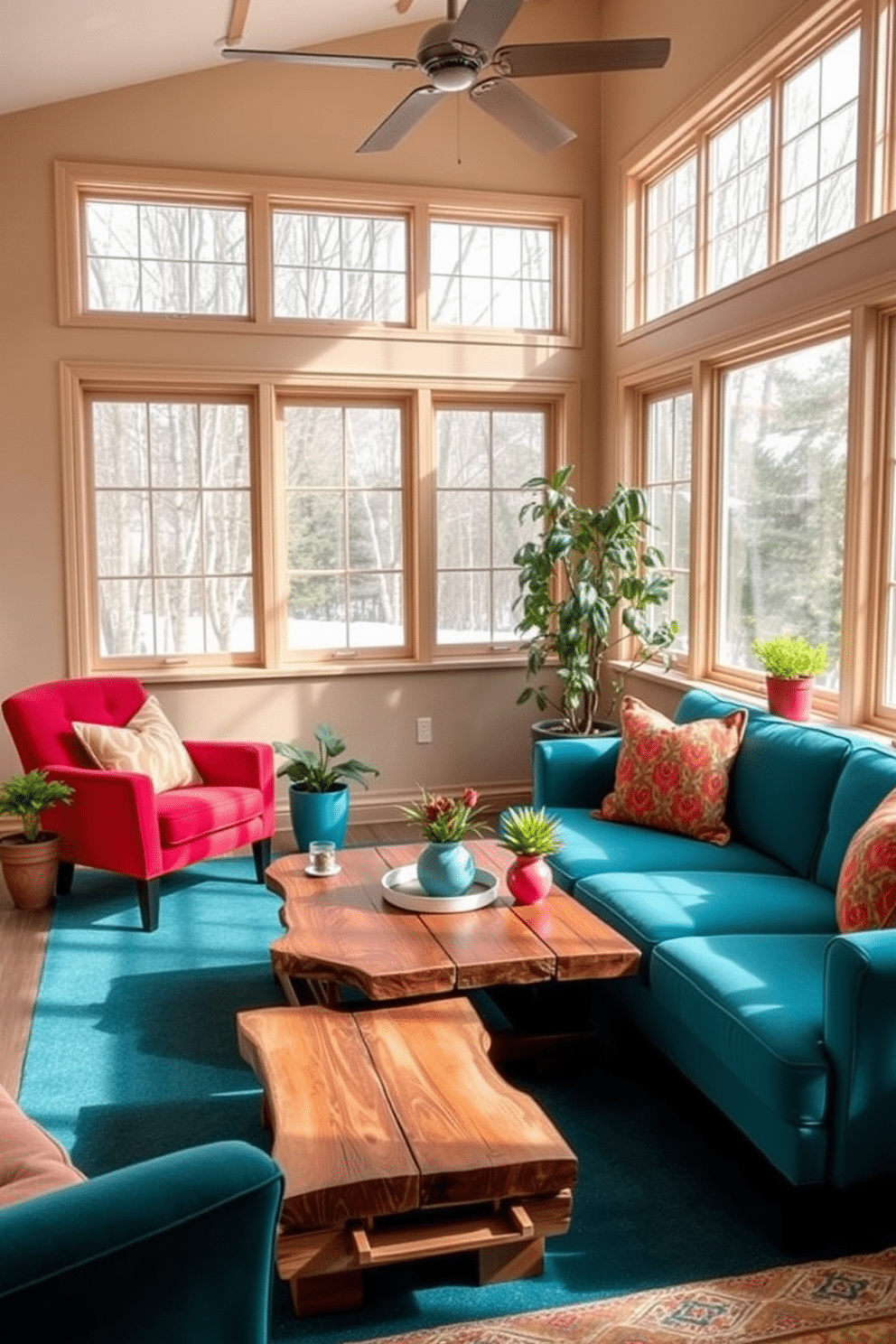 A cozy winter sunroom filled with accent furniture in bold colors. A vibrant red armchair sits next to a teal sofa, creating a striking contrast against the soft beige walls. Large windows allow natural light to flood the space, illuminating a stylish coffee table made of reclaimed wood. Potted plants in bright ceramic pots add a touch of greenery and warmth to the room.