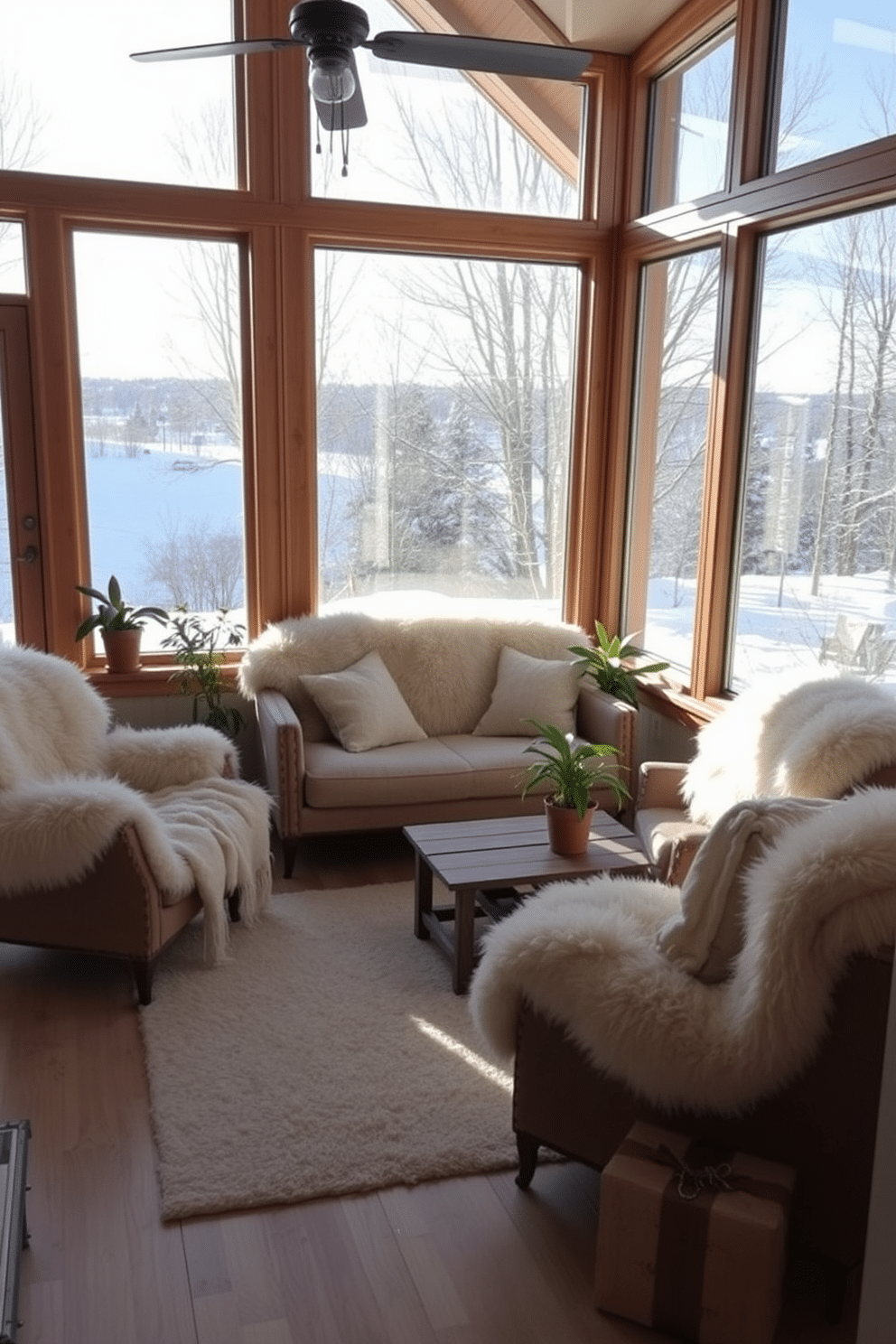 A cozy winter sunroom filled with natural light. Soft sheepskin throws are draped over a plush sofa and armchairs, creating a warm and inviting atmosphere. Large windows offer a view of the snowy landscape outside. Potted plants and a small wooden coffee table add a touch of greenery and functionality to the space.