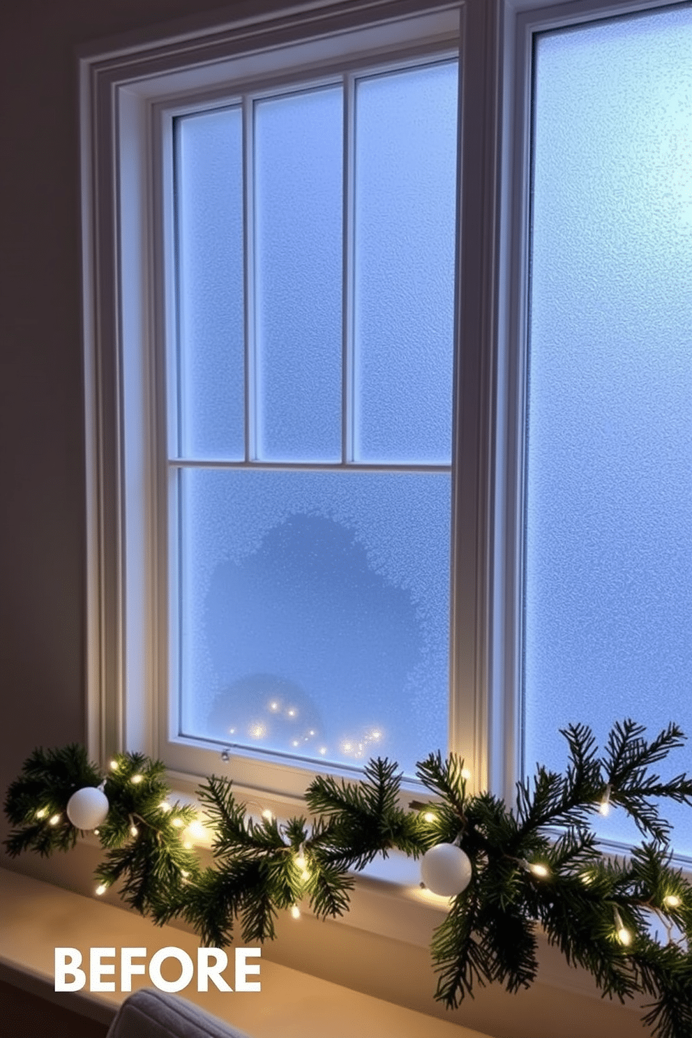 A winter wonderland is created with frosted glass spray applied to the windows, giving them a charming and ethereal look. The soft, frosted finish allows natural light to filter through while adding a touch of seasonal magic to the room. To enhance the winter theme, consider incorporating decorative elements such as twinkling fairy lights and evergreen garlands around the window frame. The combination of the frosted glass and these festive accents creates a cozy and inviting atmosphere perfect for the winter season.