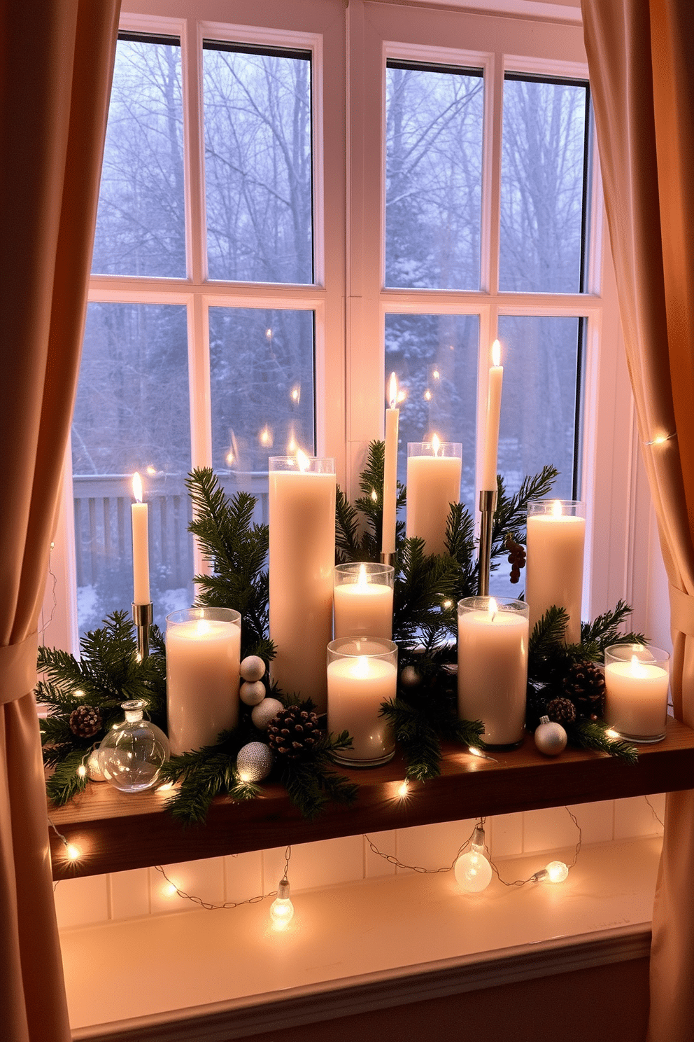 Create a cozy winter window display featuring an assortment of scented candles in various heights and shapes. The candles are arranged on a wooden ledge adorned with evergreen branches and twinkling fairy lights for a festive touch. Incorporate frosted glass ornaments and small pinecones around the candles to enhance the winter theme. The window is framed with soft, warm-toned curtains that gently filter the light, creating an inviting atmosphere.