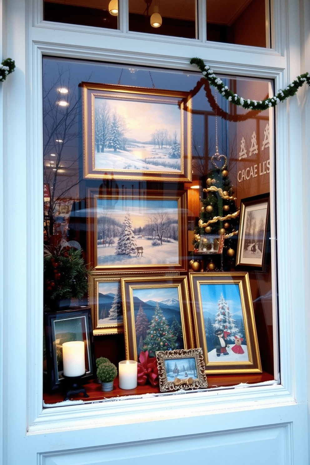 A cozy winter window display featuring seasonal artwork framed and elegantly arranged. The artwork showcases serene snowy landscapes and festive holiday themes, bringing warmth to the chilly season.