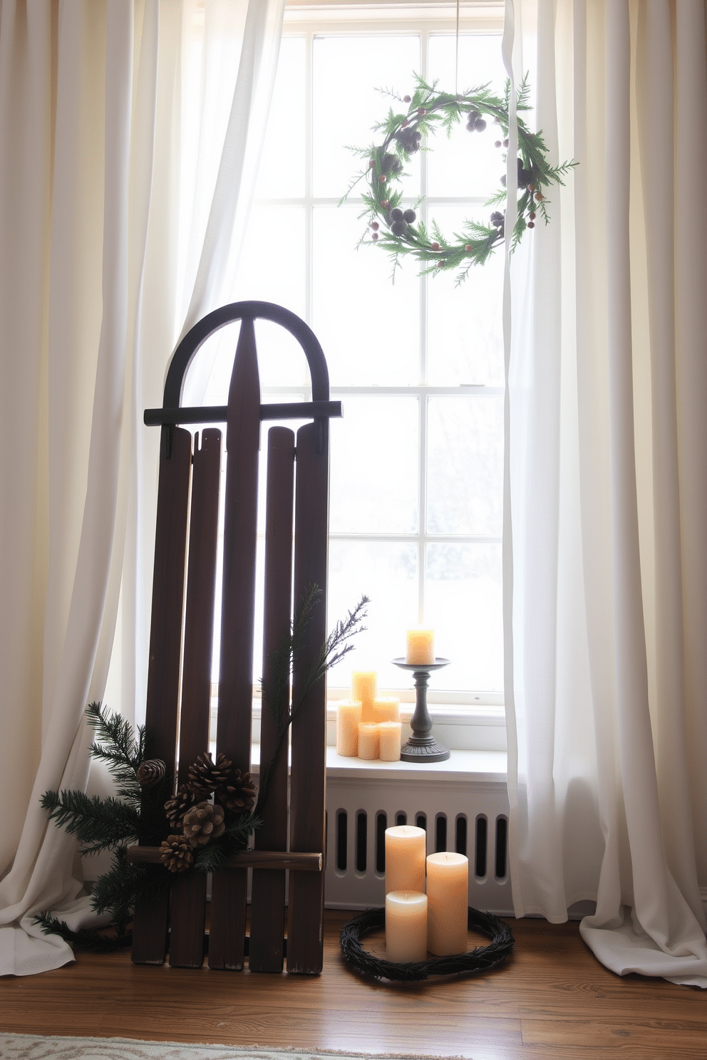 A vintage sled is propped against a large window, allowing natural light to illuminate its rustic charm. Soft white curtains frame the window, enhancing the cozy winter atmosphere while a few pinecones and evergreen branches are artfully arranged around the sled. On the window sill, a collection of warm-hued candles adds a touch of warmth to the scene. A delicate wreath made of fresh greenery and berries hangs above the window, completing the festive winter decorating theme.