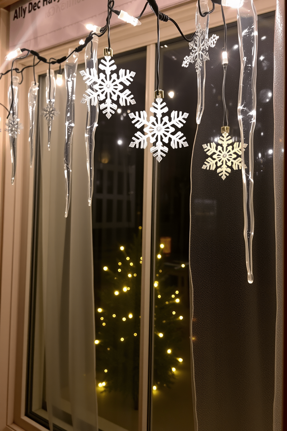 A cozy winter window scene adorned with hanging icicle lights that twinkle softly. The window is framed with frosted white curtains, and delicate snowflake ornaments dangle from the top, creating a magical atmosphere.