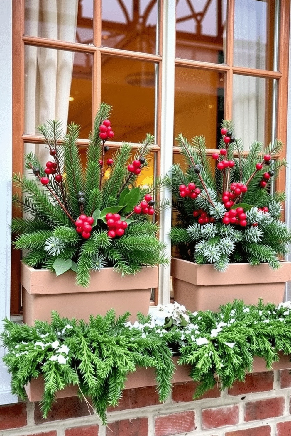 A charming winter window display featuring window boxes brimming with seasonal greens. The boxes are adorned with pine branches, holly, and red berries, creating a festive yet natural look.