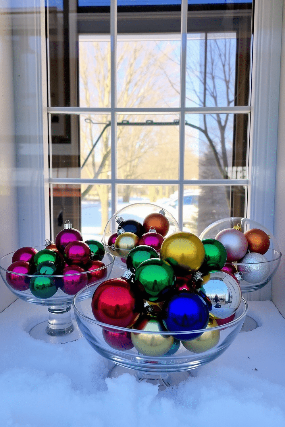 A cozy winter window display featuring colorful ornaments arranged in clear glass bowls of varying sizes. The scene is enhanced by soft, natural light streaming through the window, creating a warm and inviting atmosphere.