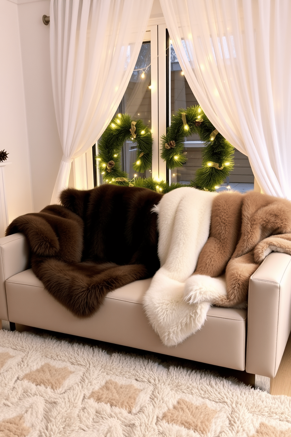 A cozy living room adorned with plush faux fur throws draped over a sleek modern sofa. The throws add a touch of warmth and luxury, inviting relaxation during the chilly winter months. A beautifully decorated window featuring sheer white curtains that allow soft natural light to filter in. Festive accents like pinecones and twinkling fairy lights create a charming winter atmosphere.