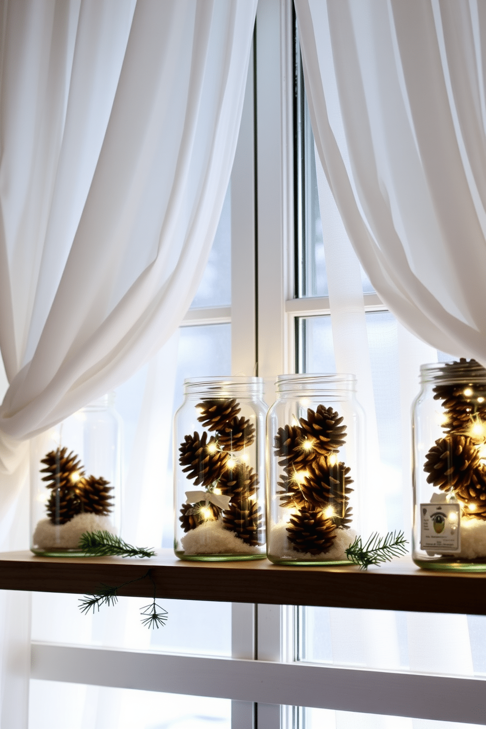 A collection of glass jars filled with winter decorations sits on a rustic wooden shelf. Each jar contains a mix of pinecones, artificial snow, and twinkling fairy lights, creating a cozy winter ambiance. The window is adorned with sheer white curtains that softly diffuse the natural light. A few sprigs of evergreen are placed along the windowsill, complementing the seasonal decor.