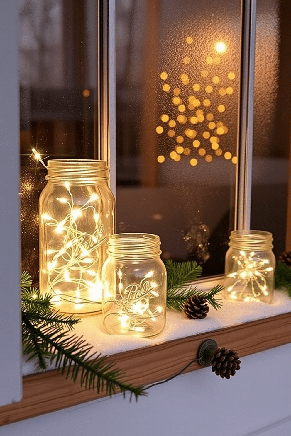 A cozy winter window display featuring twinkling fairy lights housed in rustic mason jars. The jars are arranged on a wooden ledge, casting a warm glow against the frosty glass, with evergreen branches and pinecones scattered around for a festive touch.