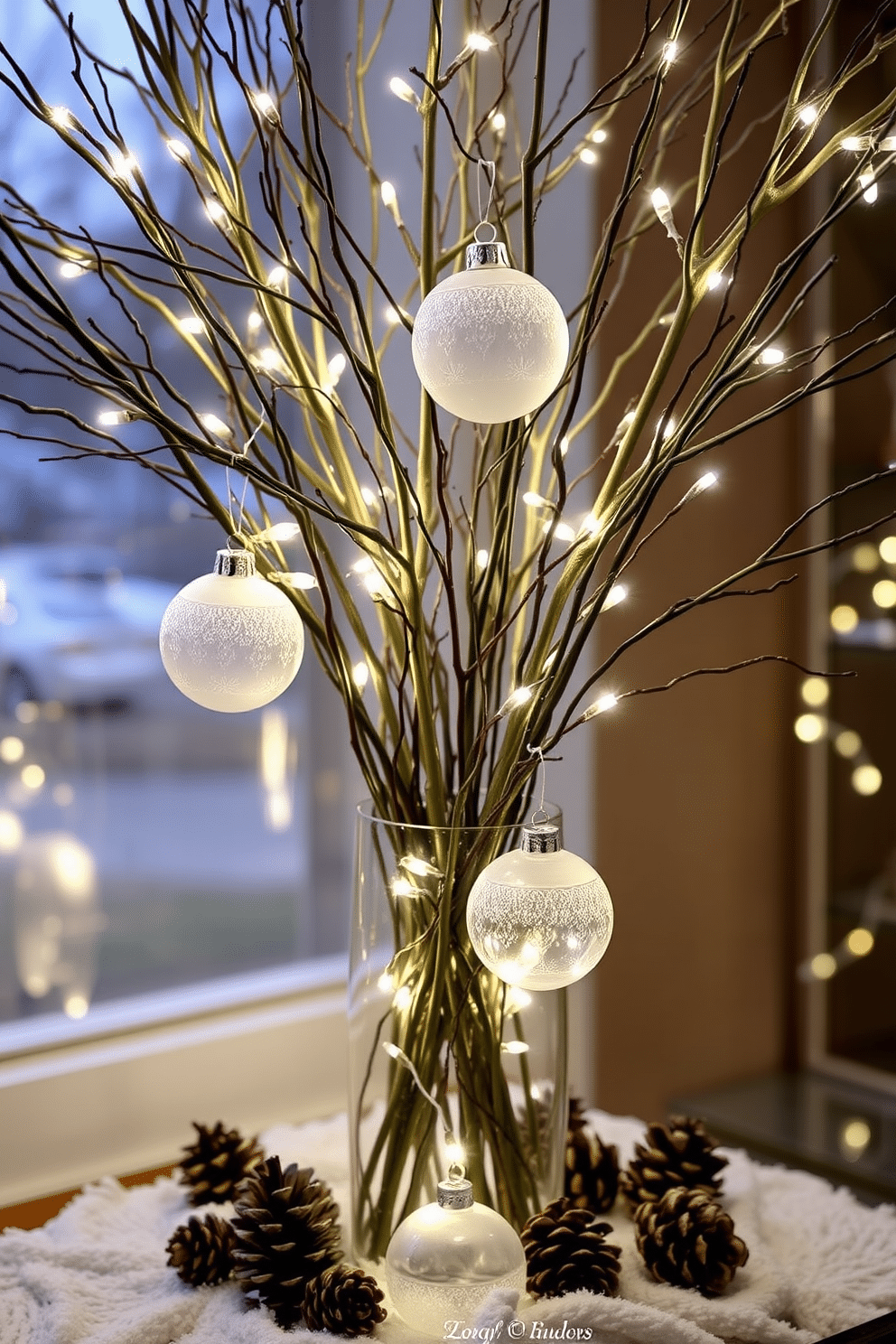 Natural branches adorned with twinkling lights create a whimsical and cozy atmosphere for winter window decorations. The branches are arranged in a tall vase, with soft white lights intertwined, casting a warm glow in the evening. Frosted glass ornaments hang delicately from the branches, reflecting the light and adding a touch of elegance. Surrounding the vase, a scattering of pinecones and faux snow enhances the wintery feel, inviting a sense of seasonal cheer.