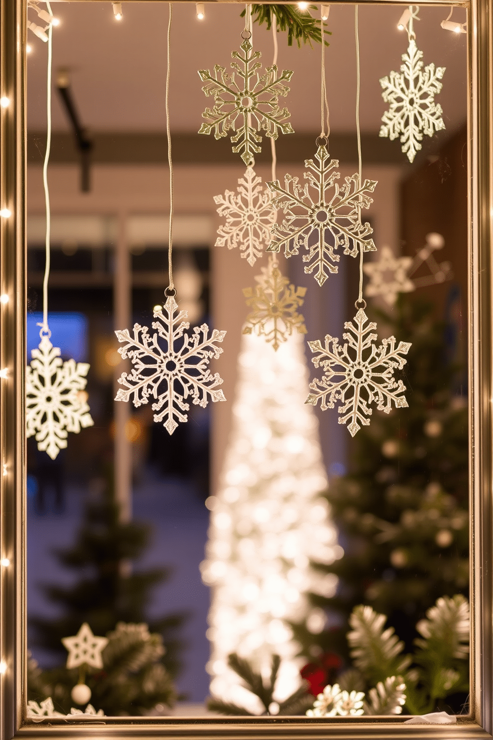 A cozy winter window display featuring hanging snowflake ornaments gracefully suspended from the ceiling. Soft white lights twinkle around the window frame, creating a magical atmosphere that enhances the winter theme.