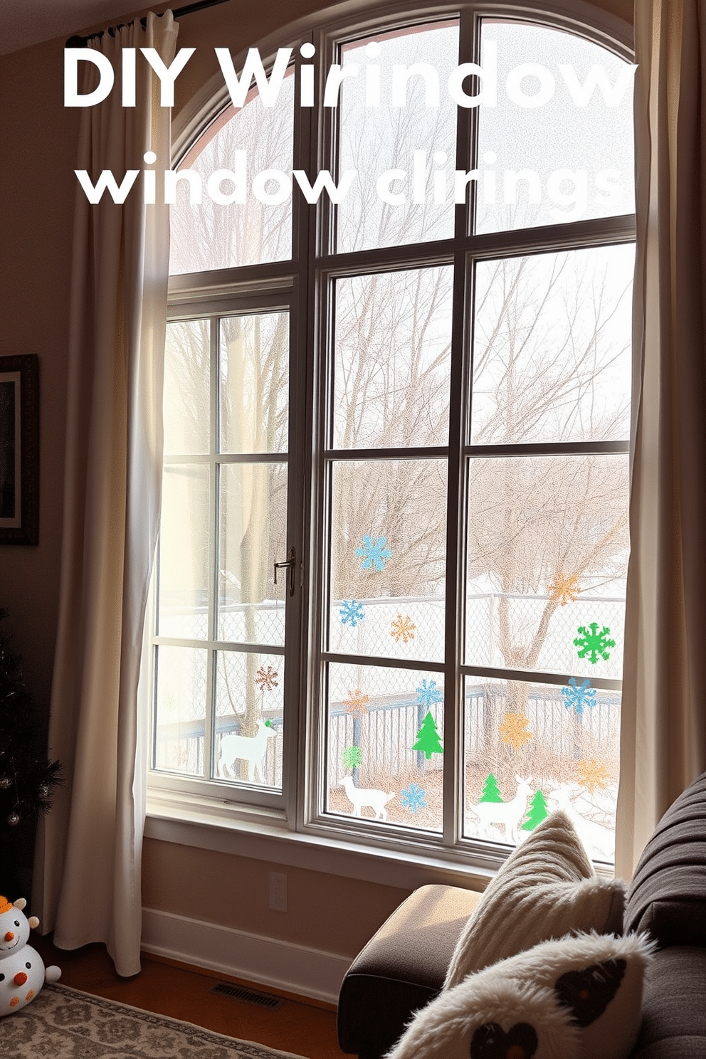 A cozy winter-themed window display featuring DIY window clings in various shapes like snowflakes and winter animals. The clings are applied to large windows, allowing natural light to filter through while creating a festive atmosphere. A charming scene of a living room adorned with winter window decorations. Soft white curtains frame the windows, and colorful window clings add a playful touch, enhancing the warmth of the space during the cold season.