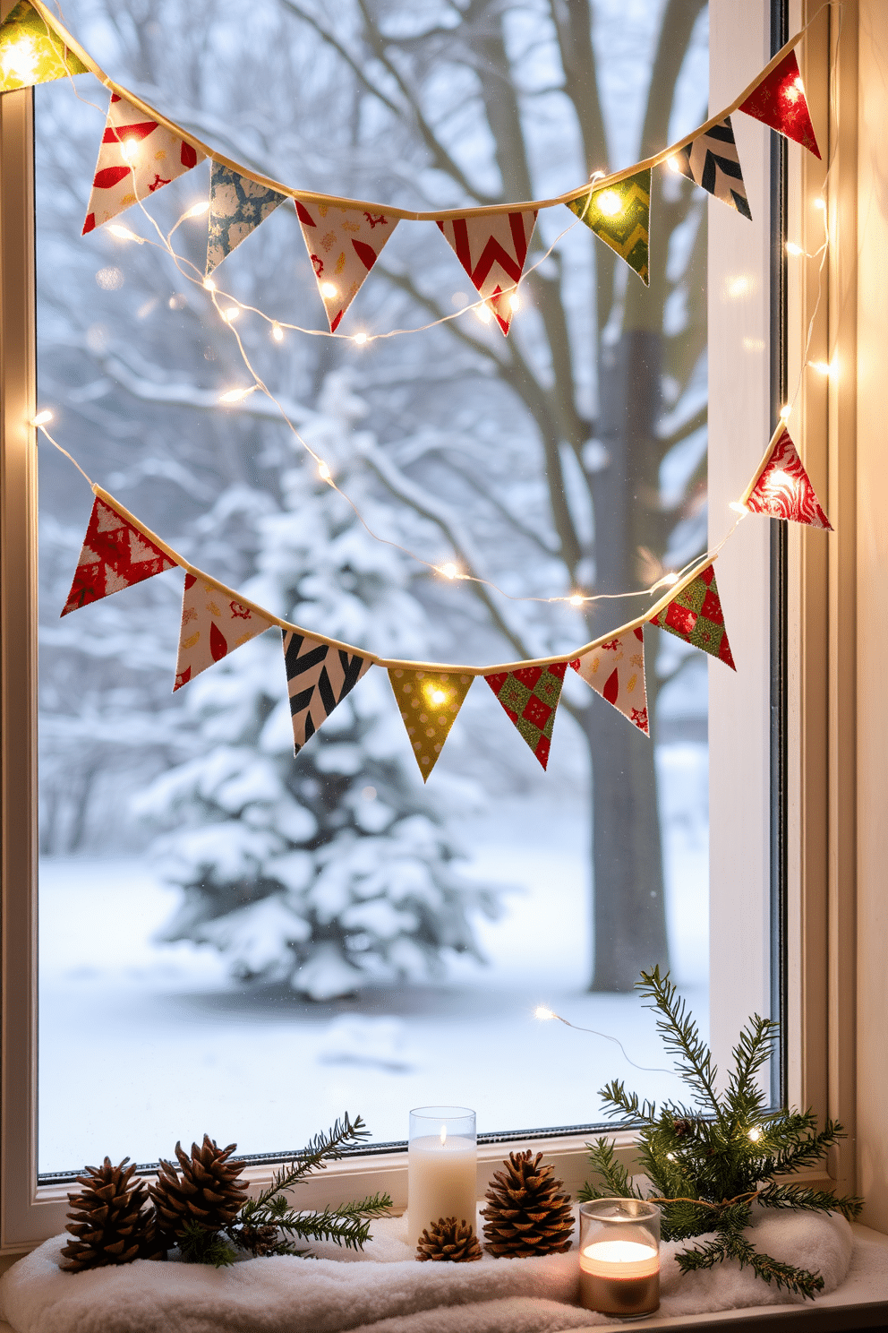 A cozy winter window display featuring festive bunting strung across the top of the window. The bunting is made of colorful fabric triangles that add a cheerful touch to the snowy scene outside. Soft white fairy lights are intertwined with the bunting, creating a warm and inviting glow. Below the window, a collection of pinecones, candles, and small evergreen branches enhances the winter theme.