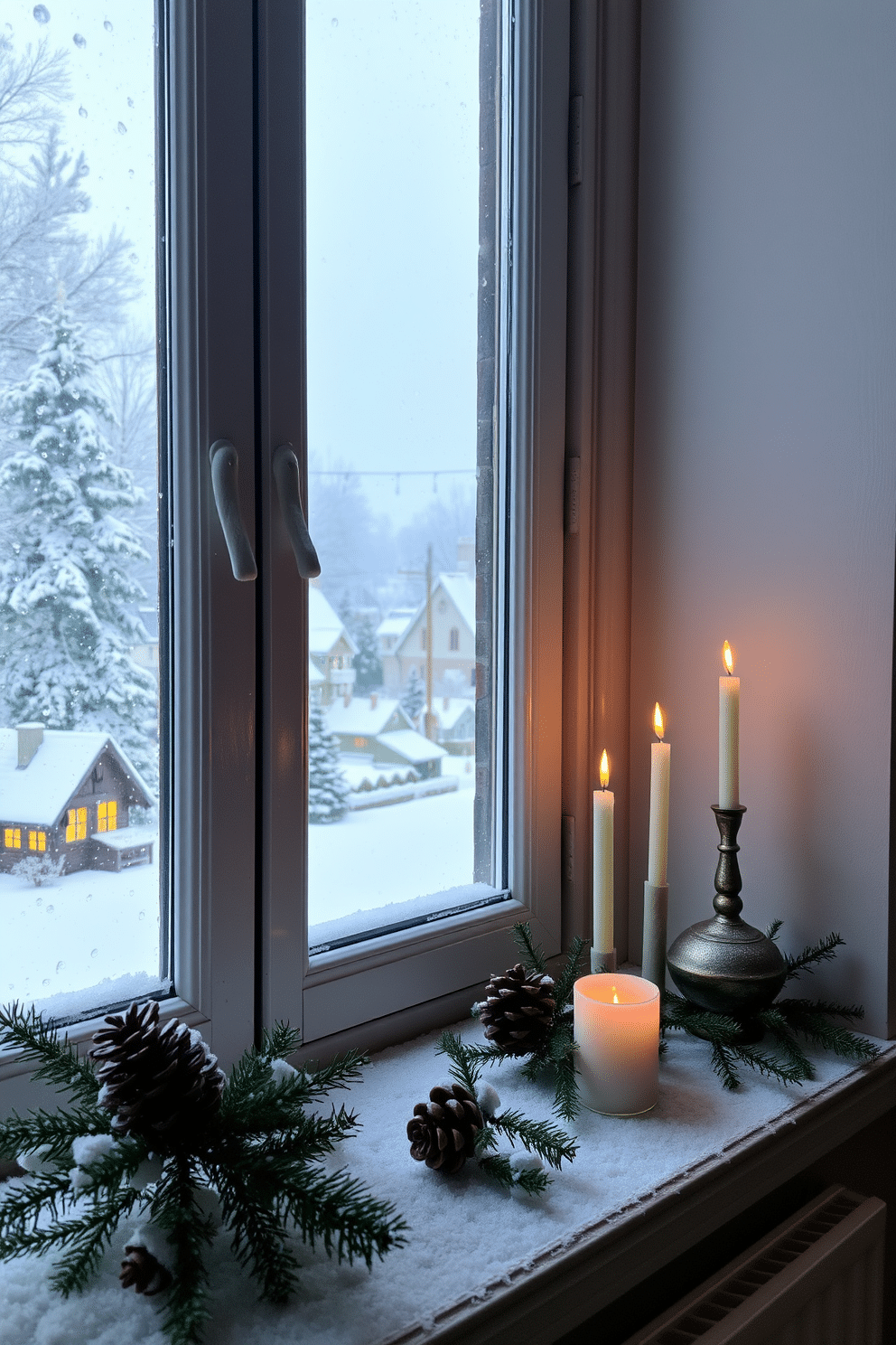 A cozy windowsill adorned with winter decorations. Snow gently falls outside, creating a picturesque snowy village scene visible through the glass. The windowsill is decorated with small evergreen branches and pinecones. A few candles in varying heights add warmth and charm to the winter window display.