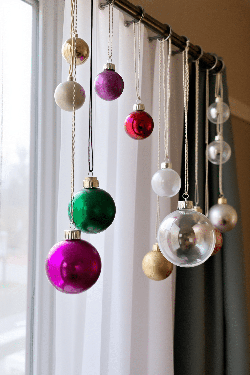 Hanging ornaments from curtain rods creates a festive and inviting atmosphere in any room. Choose a variety of ornaments in different shapes and sizes to add visual interest and charm. For winter window decorating ideas, consider using a mix of frosted glass and metallic accents to enhance the seasonal theme. Soft, sheer curtains can provide a delicate backdrop that complements the ornaments while allowing natural light to filter through.