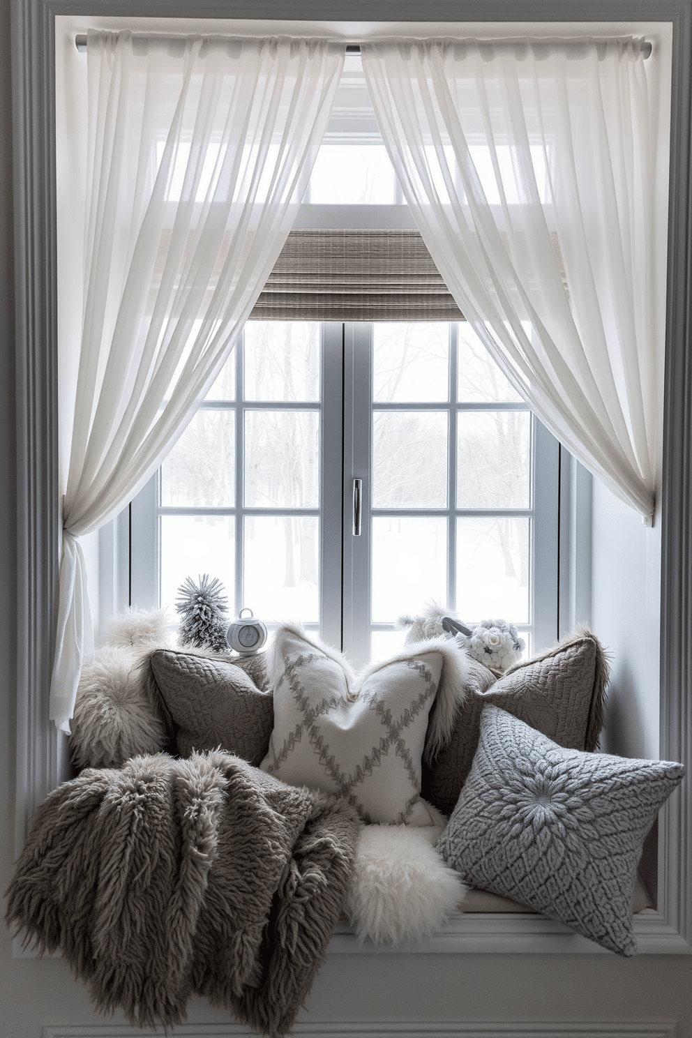 A cozy winter window setting featuring layered textures with an assortment of cushions and throws. The window is adorned with sheer white curtains that gently filter the soft winter light, while plush blankets and decorative pillows in varied shades of gray and cream are artfully arranged on a window seat.