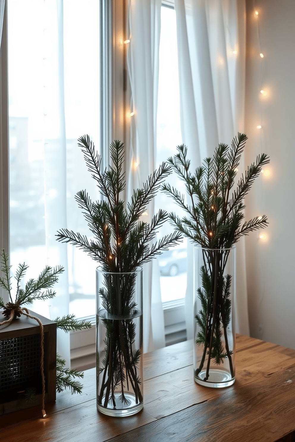 Scented pine branches are elegantly arranged in tall glass vases, bringing a touch of nature indoors. The vases are placed on a rustic wooden table, enhancing the cozy winter atmosphere. The window is adorned with sheer white curtains that softly filter the winter light. Delicate fairy lights are draped along the window frame, creating a warm and inviting glow.