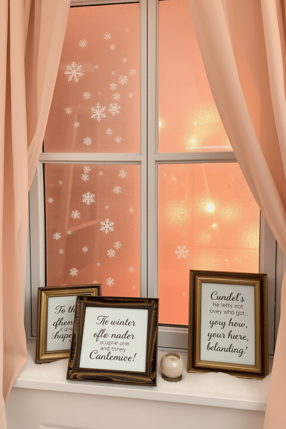 A cozy winter scene featuring a beautifully decorated window adorned with frosted glass and delicate white snowflakes. The window is framed with soft, warm curtains that gently cascade to the floor, creating an inviting atmosphere. Seasonal quotes in elegant decorative frames are displayed on the window sill, each quote reflecting the beauty and tranquility of winter. The frames are a mix of rustic wood and sleek metallic finishes, adding a touch of charm and sophistication to the overall design.