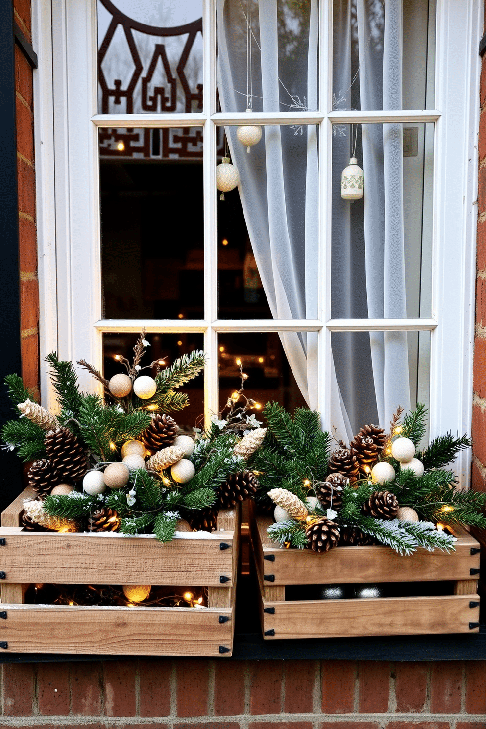 A cozy winter window display featuring wooden crates filled with an array of seasonal decor. The crates are overflowing with pinecones, evergreen branches, and twinkling fairy lights, creating a warm and inviting atmosphere. The window is adorned with a soft white sheer curtain that gently filters the winter sunlight. A few handcrafted ornaments hang from the window frame, adding a touch of charm to the overall design.