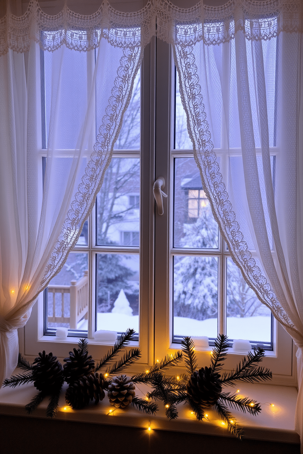 A cozy winter window scene adorned with lace curtains that gently filter the soft daylight. The window sill is decorated with pinecones, small evergreen branches, and twinkling fairy lights for a warm and inviting atmosphere.