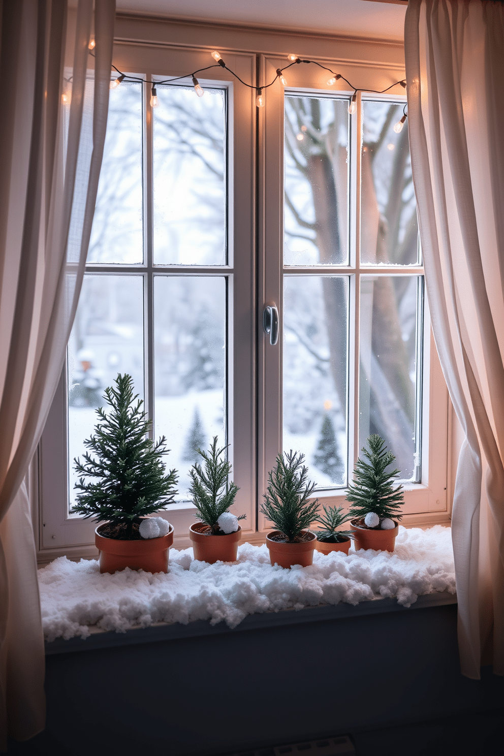 A cozy winter window setting adorned with faux snow on the windowsills creates a charming atmosphere. Delicate string lights twinkle above the window, complementing the frosty effect and adding warmth to the space. A collection of small potted evergreen plants sits on the sill, bringing a touch of nature indoors. Soft, sheer curtains frame the window, allowing natural light to filter through while enhancing the wintery decor.