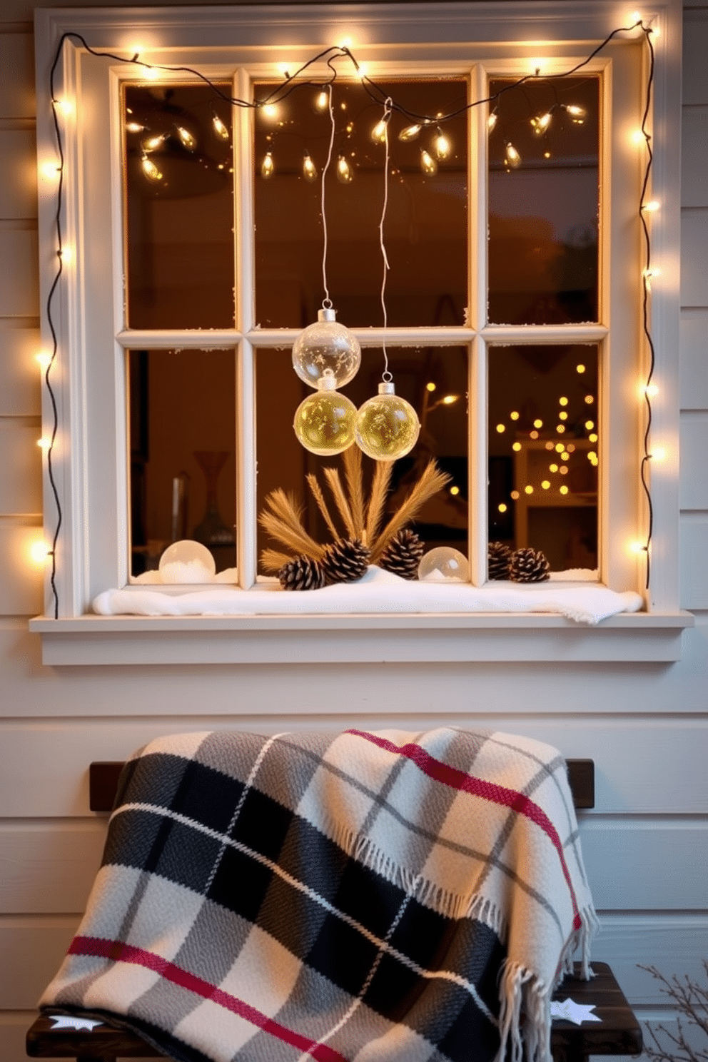 Create a warm and inviting winter window display. String lights are delicately draped around the window frame, casting a cozy glow that enhances the festive atmosphere. Frosted glass ornaments and pinecones are artfully arranged on the windowsill. A soft, plaid blanket is layered over a small bench beneath the window, inviting relaxation and warmth.