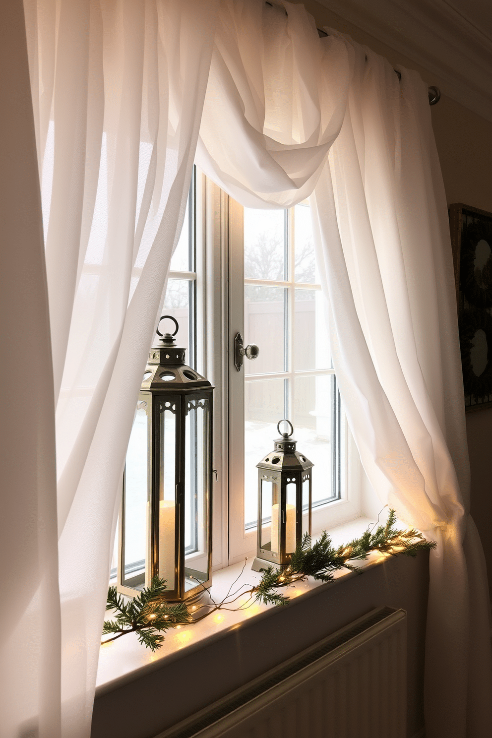 Decorative lanterns are placed strategically on the windowsill, casting a warm and inviting glow throughout the room. The soft light enhances the cozy atmosphere, making the space feel welcoming during the winter months. For winter window decorating, layers of sheer white curtains frame the glass, allowing natural light to filter through. Sprigs of evergreen and delicate fairy lights are intertwined along the window ledge, creating a festive and charming display.