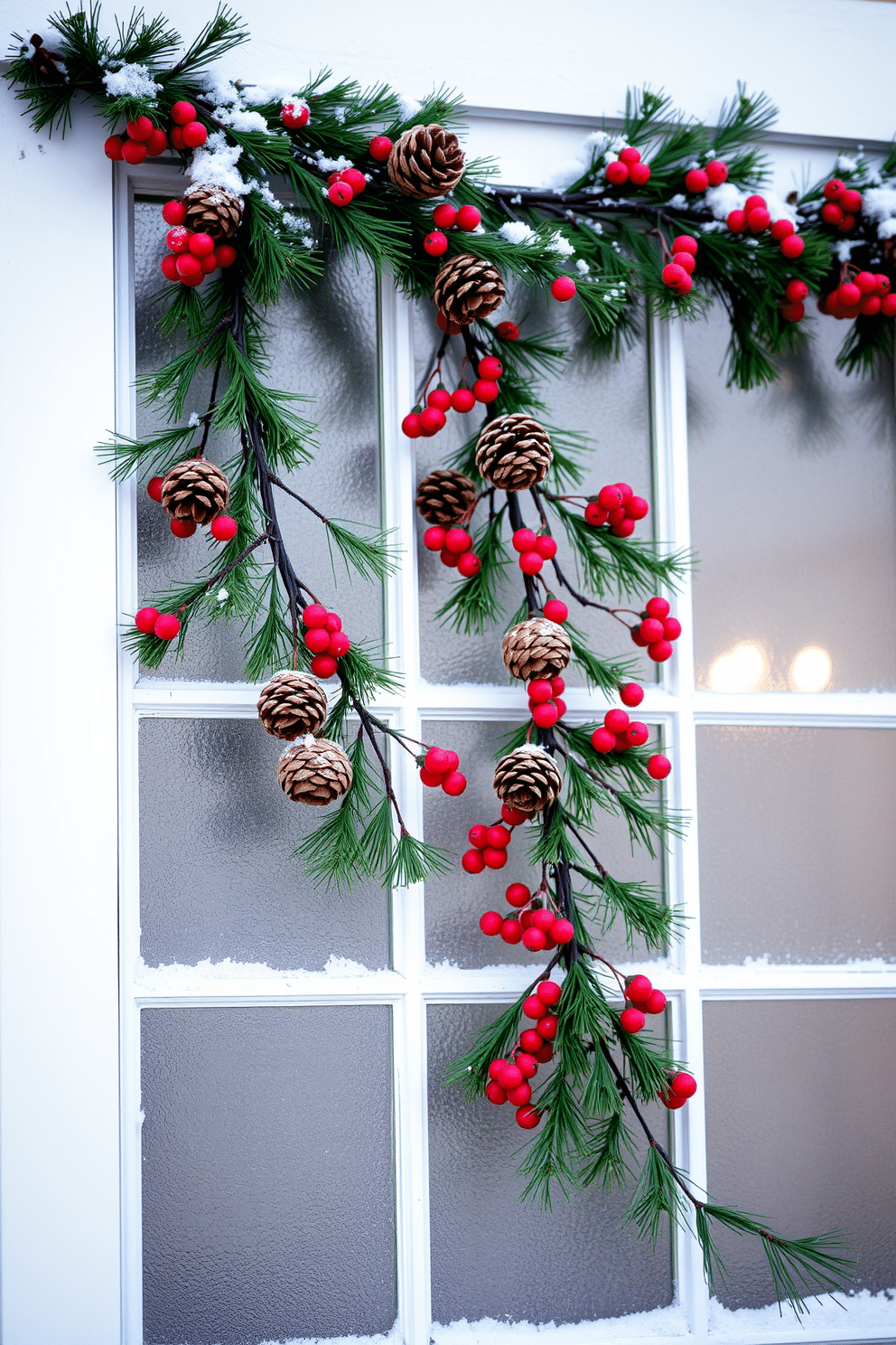 A cozy winter window scene adorned with a pinecone and berry garland elegantly draped across the top. The garland features rich red berries and natural pinecones, creating a festive contrast against the frosty glass.