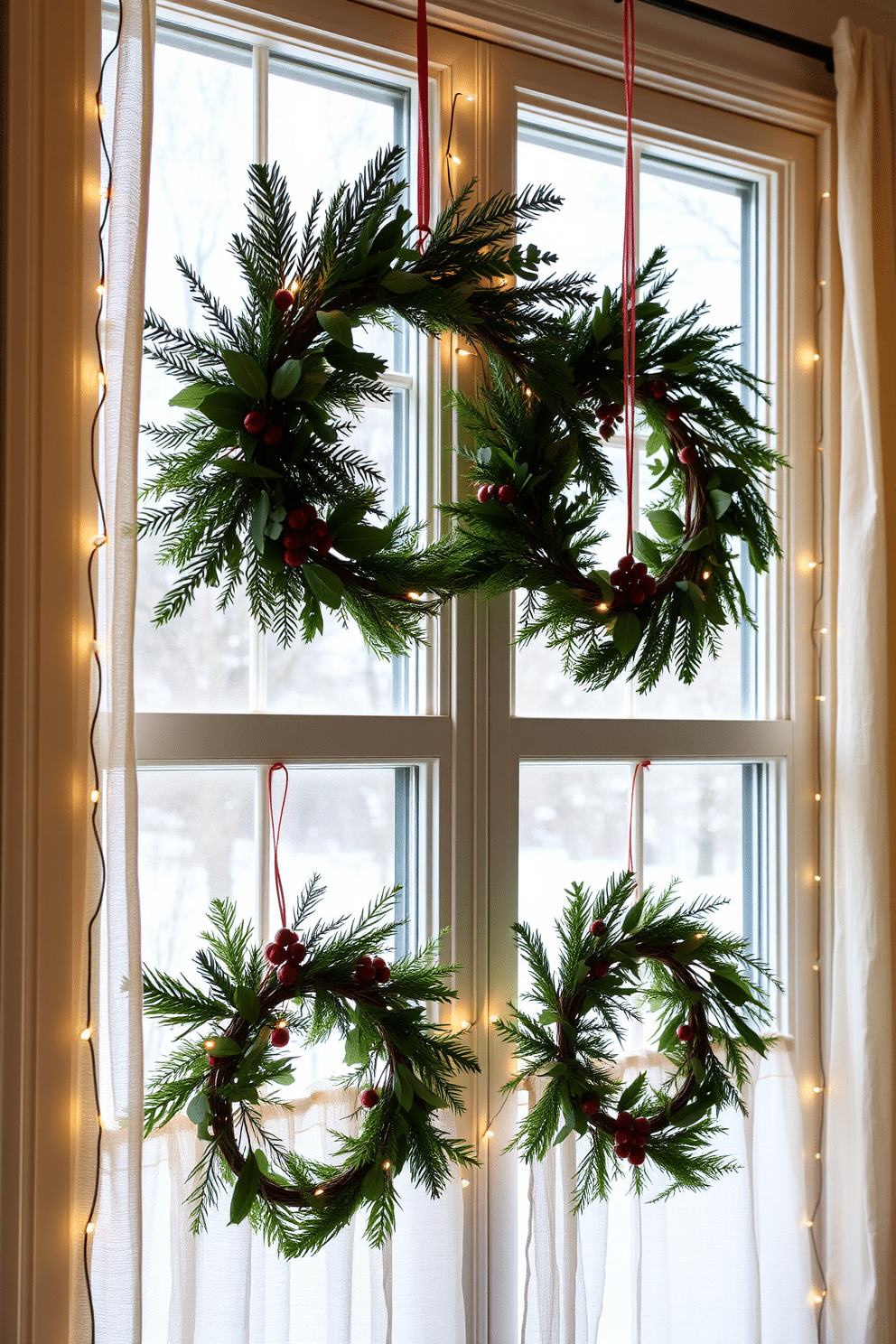 Decorative wreaths adorned with winter foliage hang gracefully on the windows. Each wreath features a mix of pine, eucalyptus, and berries, creating a festive and inviting atmosphere. Winter window decorating ideas include draping soft white lights around the edges of the window frames. Sheer curtains in a light color gently filter the winter sunlight, enhancing the cozy feel of the space.