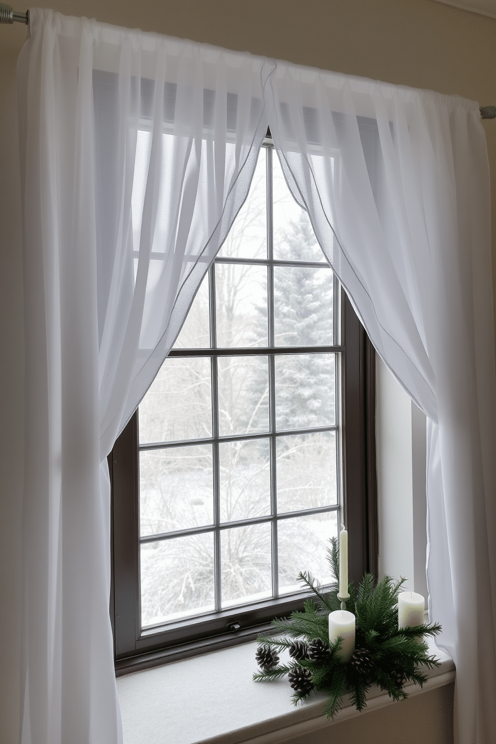 A cozy winter window scene featuring layered sheer curtains that gently diffuse the soft natural light. The window sill is adorned with seasonal decorations, including pinecones, candles, and a small evergreen arrangement, creating a warm and inviting atmosphere.