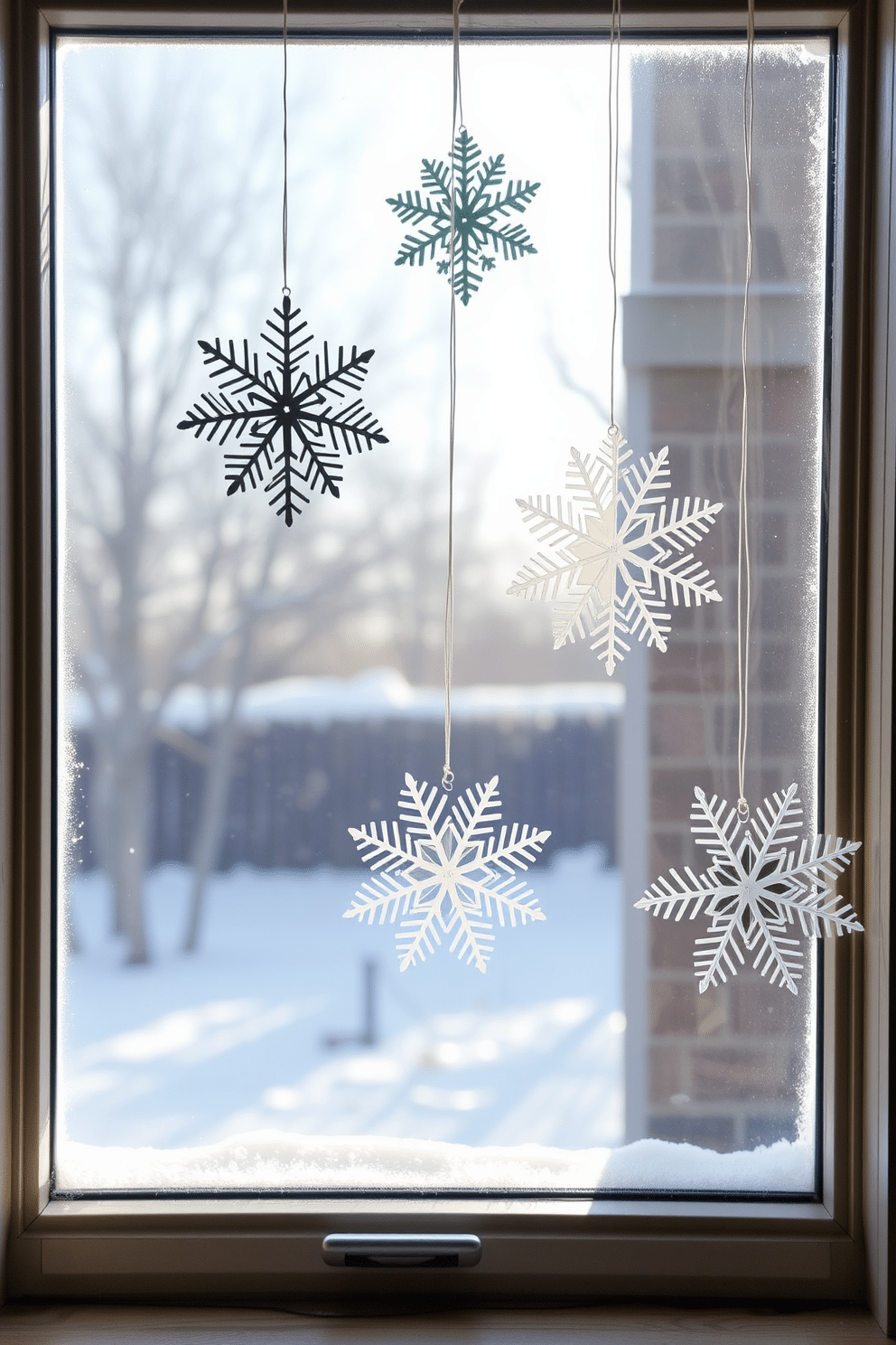 A cozy winter window scene featuring beautifully crafted DIY paper snowflakes delicately hanging against a frosted glass backdrop. Soft natural light filters through the window, illuminating the intricate designs and casting playful shadows on the sill.