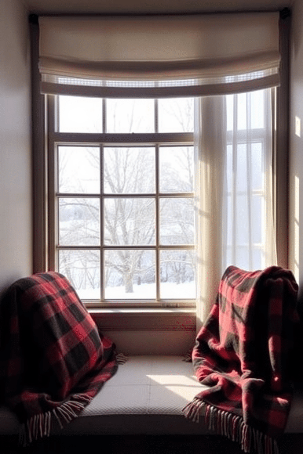 Warm plaid blankets are draped over cozy window seats that invite relaxation and warmth. The window is adorned with soft sheer curtains that gently filter the winter light, creating a serene atmosphere.