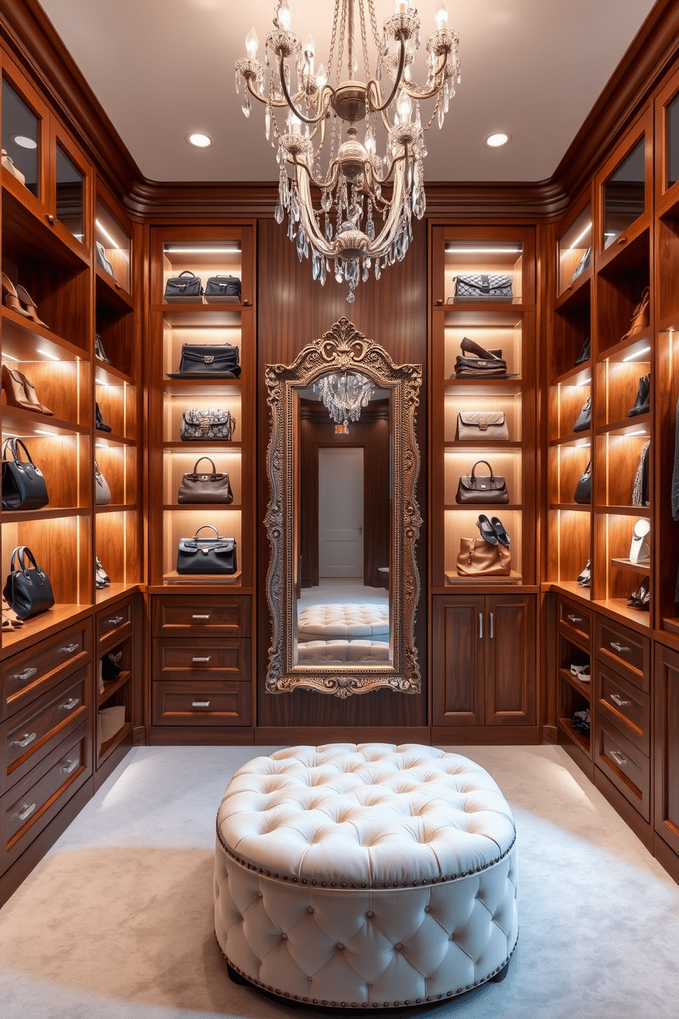 A stunning women's walk-in closet designed for luxury and functionality. The space features custom cabinetry in a rich wood finish, with soft LED lighting illuminating the shelves filled with designer handbags and shoes. In the center, a plush ottoman invites relaxation, while a full-length mirror with an ornate frame reflects the elegance of the room. Delicate chandeliers hang from the ceiling, adding a glamorous touch to the sophisticated ambiance.