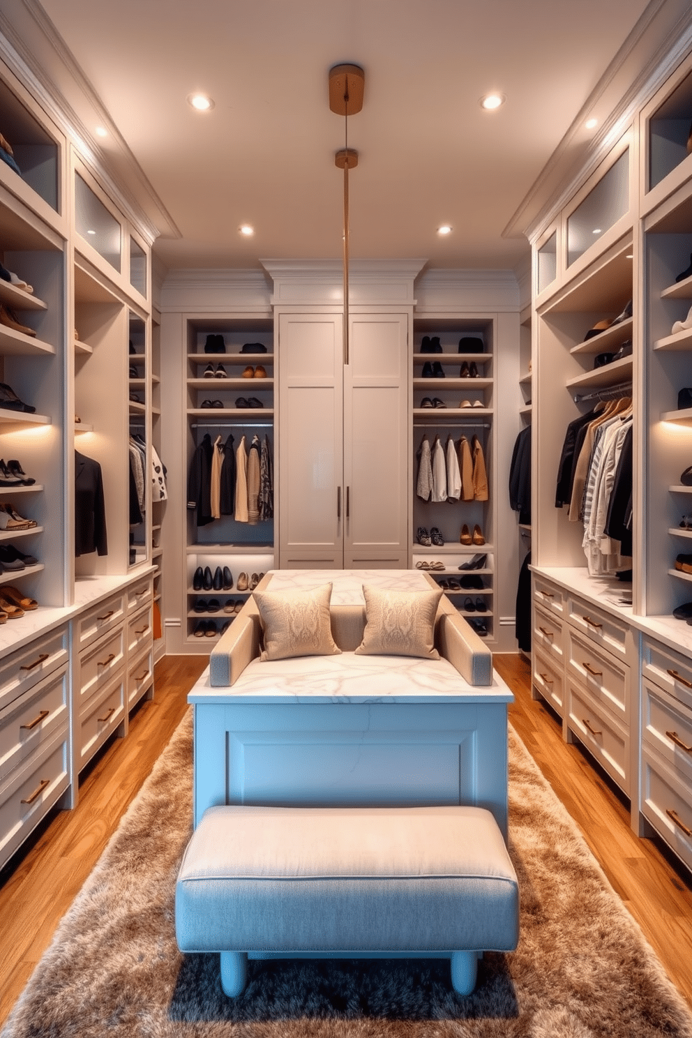 A spacious island in the center of the walk-in closet features comfortable seating, providing a convenient area for styling and dressing. The island is topped with a smooth marble surface and surrounded by elegant cabinetry that showcases organized accessories and shoes. The women's walk-in closet is designed with soft, ambient lighting that highlights the luxurious finishes and textures. Custom shelving and hanging spaces are arranged to create a functional yet stylish environment, with a plush area rug adding warmth underfoot.