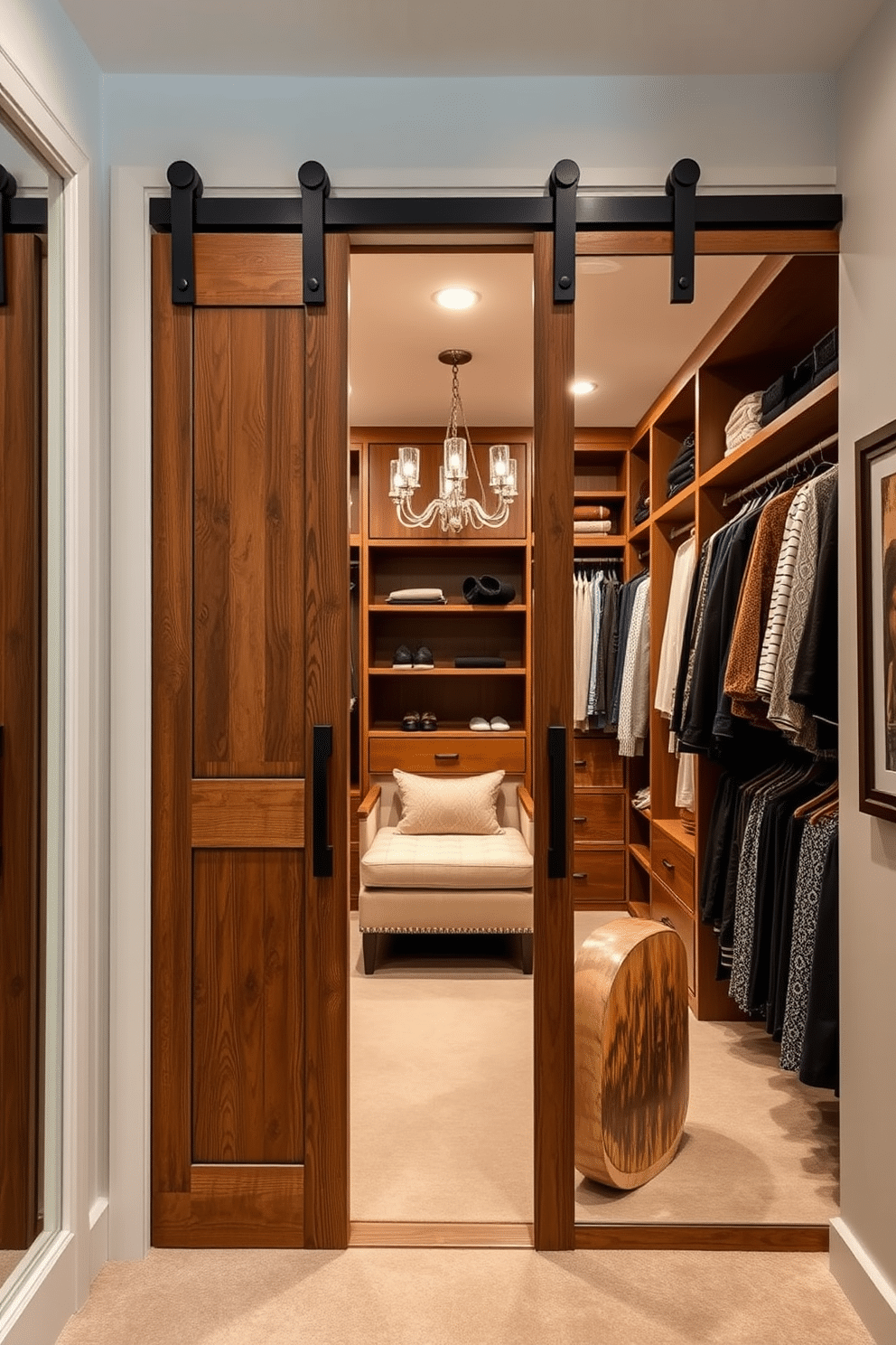 A sliding barn door adds rustic charm and functionality to the entrance of a spacious women's walk-in closet. Inside, the closet features custom shelving, elegant lighting, and a plush seating area, creating a stylish and organized space for clothing and accessories.