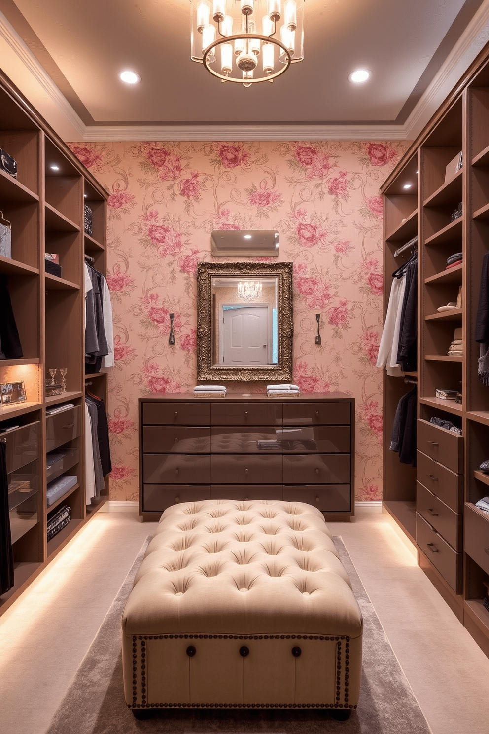 A luxurious women's walk-in closet features an accent wall adorned with elegant floral wallpaper in soft pastels. The space includes custom shelving and hanging areas, with a plush ottoman in the center for comfort and convenience. The lighting is soft and inviting, with recessed lights highlighting the beautiful accessories displayed. A large mirror with a decorative frame reflects the stylish design, creating a sense of openness and sophistication.