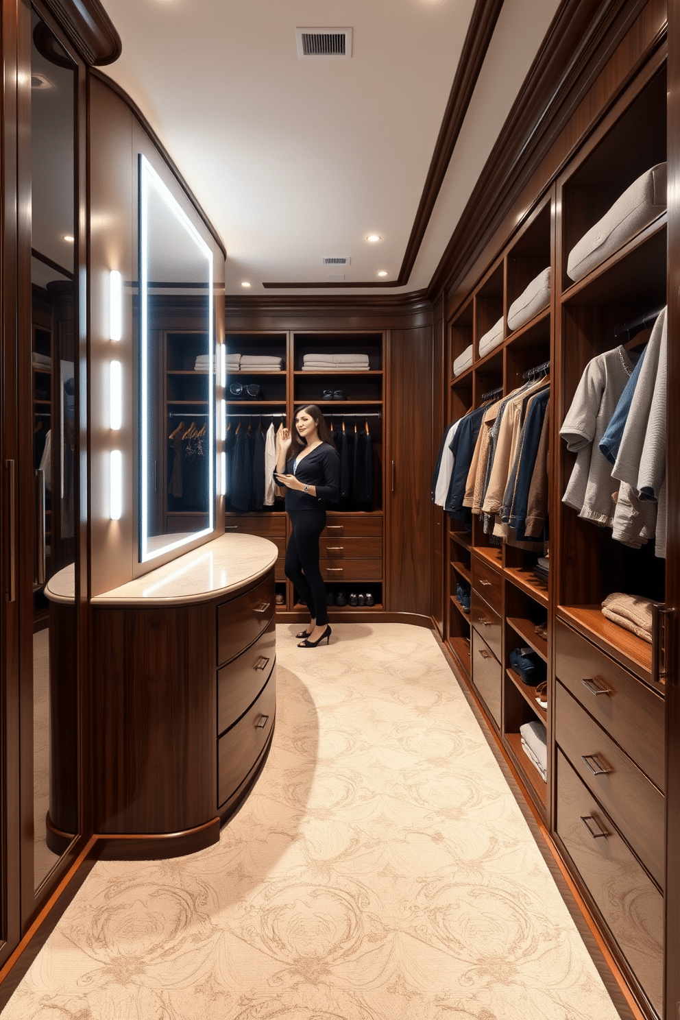 A luxurious women's walk-in closet featuring a full-length mirror positioned for outfit checks. The space is adorned with elegant shelving units, plush carpeting, and soft lighting that enhances the rich wood finishes.