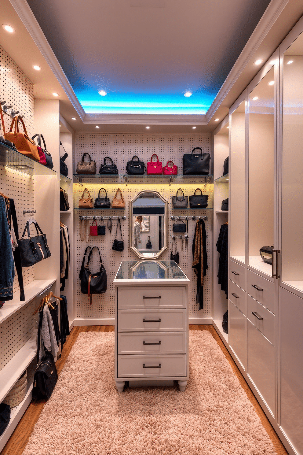 A stylish women's walk-in closet featuring a pegboard wall for organizing accessories and bags. The space is illuminated by soft, recessed lighting, creating a warm atmosphere with a plush area rug underfoot. The pegboard is adorned with elegant hooks and shelves, showcasing a variety of handbags and jewelry. The closet includes a central island with drawers for additional storage, topped with a chic mirror for a complete dressing experience.