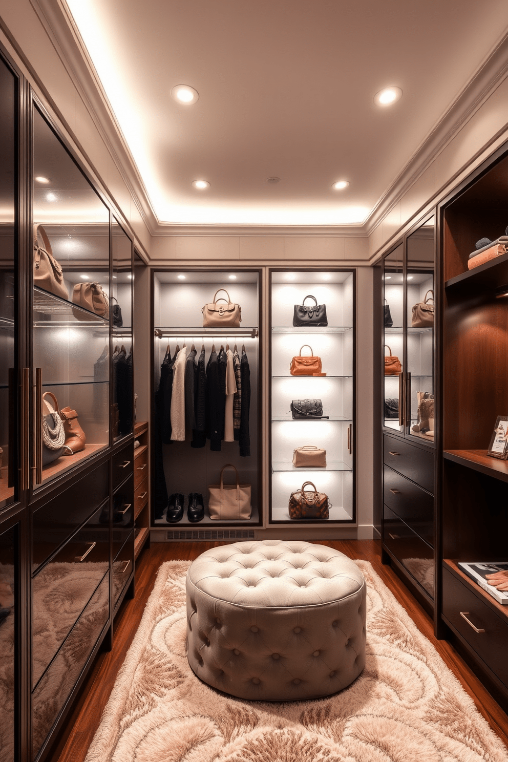 A luxurious women's walk-in closet featuring sleek glass display cases for handbags. The space is illuminated by soft recessed lighting, highlighting the intricate details of the handbags showcased within the cases. The closet is adorned with elegant cabinetry, providing ample storage for clothing and accessories. A plush area rug anchors the room, while a stylish ottoman offers a comfortable seating area for trying on shoes.