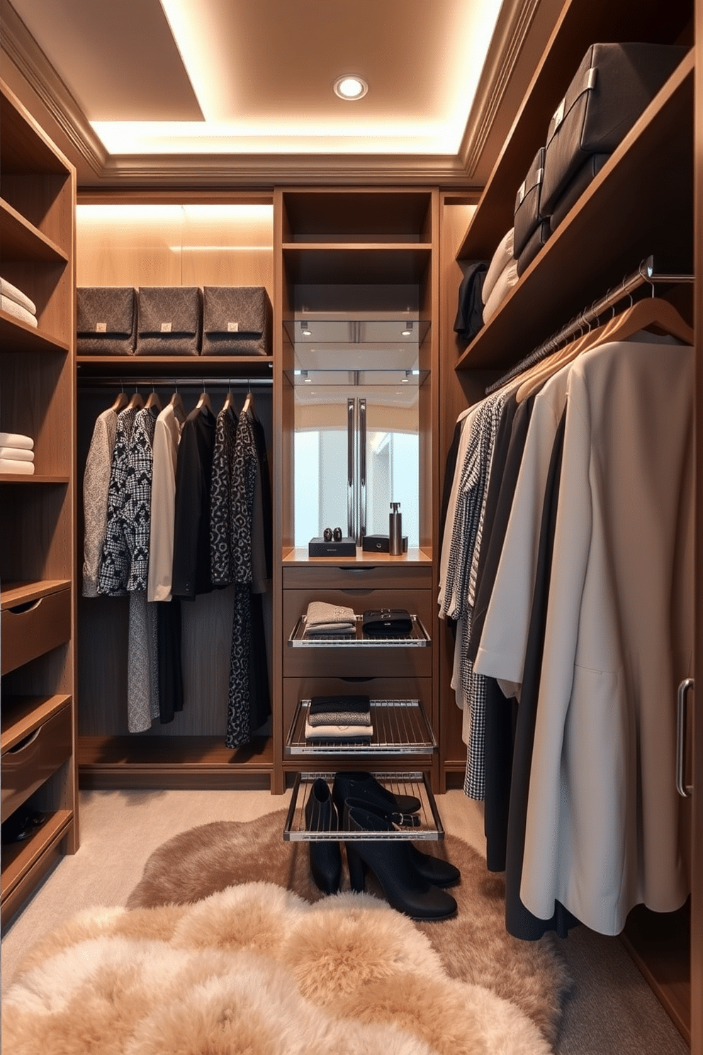 A luxurious women's walk-in closet featuring functional pull-out racks for easy access to clothing and accessories. The space is organized with elegant shelving, soft ambient lighting, and a plush area rug, creating a sophisticated yet practical environment.