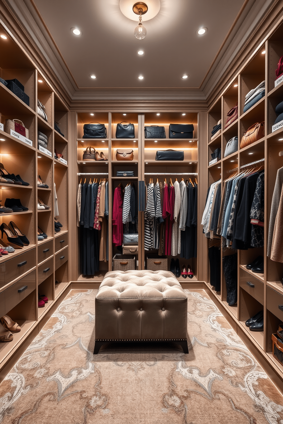 A luxurious women's walk-in closet featuring personalized labels for organized sections. The space is adorned with elegant shelving units, each meticulously labeled, showcasing an array of shoes, handbags, and accessories. Soft, ambient lighting highlights the carefully curated outfits hanging on plush velvet hangers. A stylish ottoman sits in the center, offering a comfortable spot for putting on shoes, surrounded by chic mirrors reflecting the organized beauty of the closet.