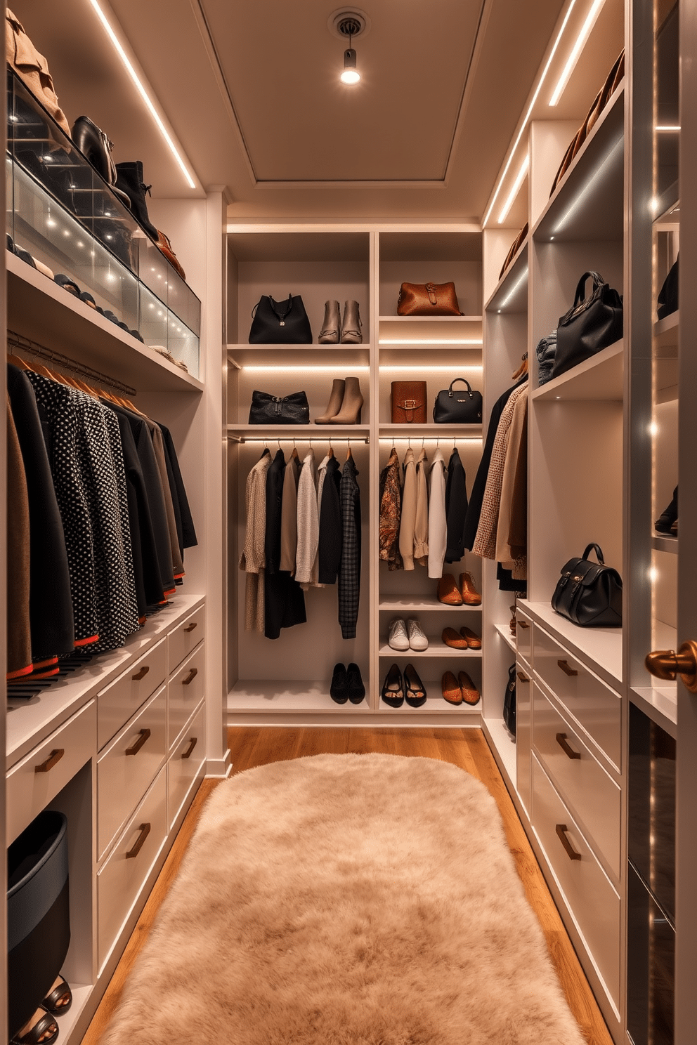 A luxurious women's walk-in closet featuring open shelving for easy access to shoes and handbags. The space is illuminated by soft, ambient lighting, with a plush area rug underfoot and elegant hangers showcasing a curated selection of clothing.