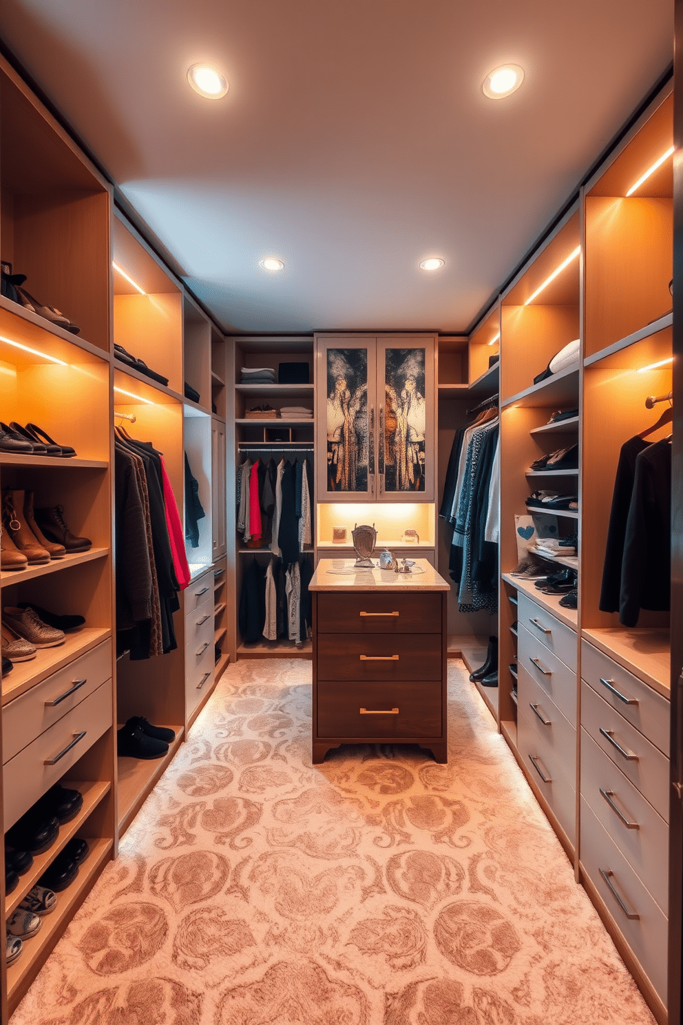 A cozy women's walk-in closet featuring warm mood lighting that highlights the elegant design elements. Soft, recessed lights create an inviting atmosphere, illuminating the plush carpet and stylish shelving. The closet includes an array of organized storage solutions, with a mix of open and closed shelving for shoes and accessories. A central island with a marble top provides additional space for folding clothes and displaying jewelry.