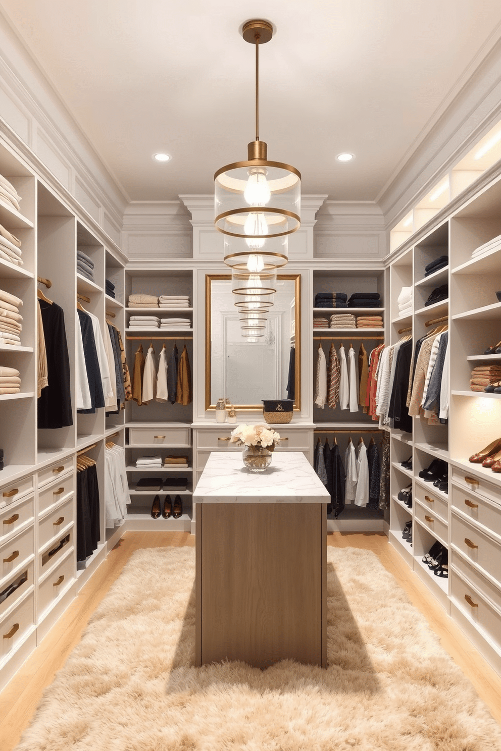 A luxurious women's walk-in closet featuring an organized seasonal clothing rotation system. The space includes custom shelving for folded items, hanging racks for dresses and blouses, and a dedicated area for shoes, all illuminated by elegant pendant lighting. Soft neutral tones dominate the walls, complemented by a plush area rug underfoot. A central island with a marble top provides additional storage and a space for accessories, while a large mirror reflects the stylish layout.