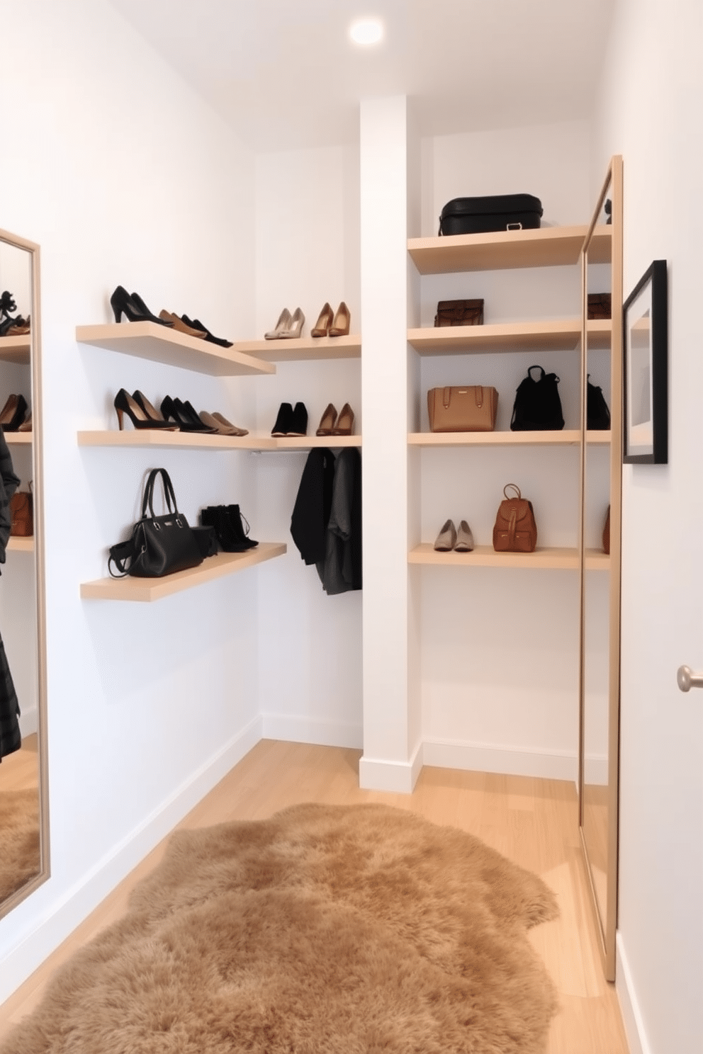 A sleek and airy women's walk-in closet featuring floating shelves that showcase a curated collection of shoes and handbags. The walls are painted in a soft white, and a plush area rug adds warmth to the minimalist aesthetic. The floating shelves are made of light wood, providing a natural contrast against the clean lines of the space. A full-length mirror with a simple frame reflects the organized layout, enhancing the sense of openness and elegance.