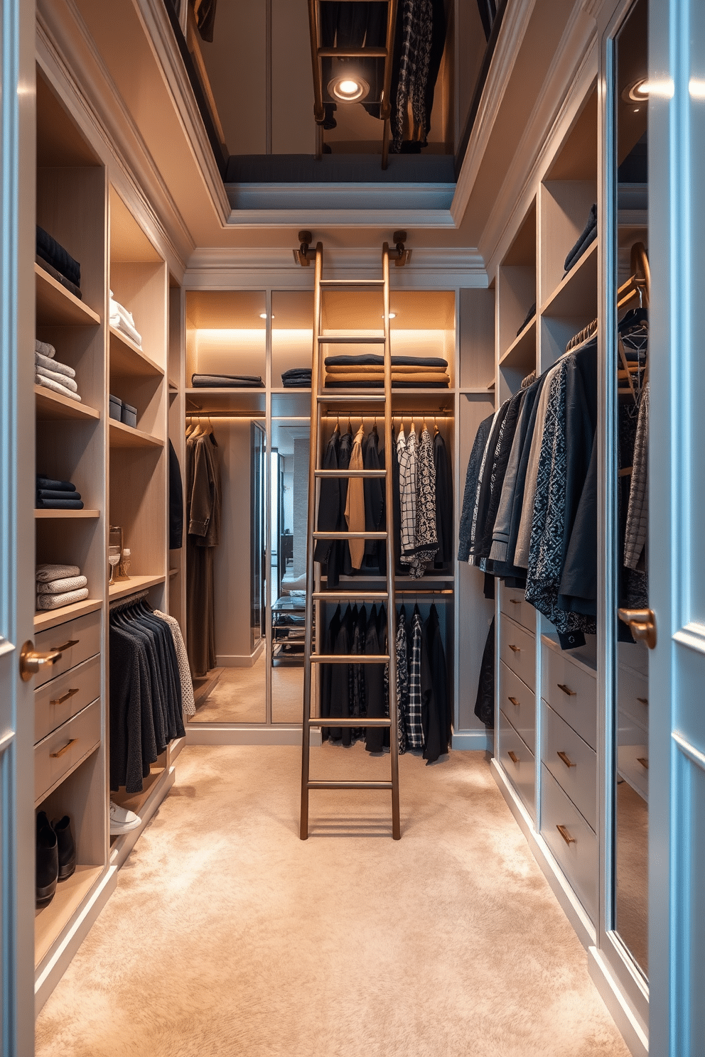 A luxurious women's walk-in closet featuring a stylish ladder for accessing high storage. The space is adorned with elegant shelving and hanging racks, complemented by plush carpeting and soft, ambient lighting.